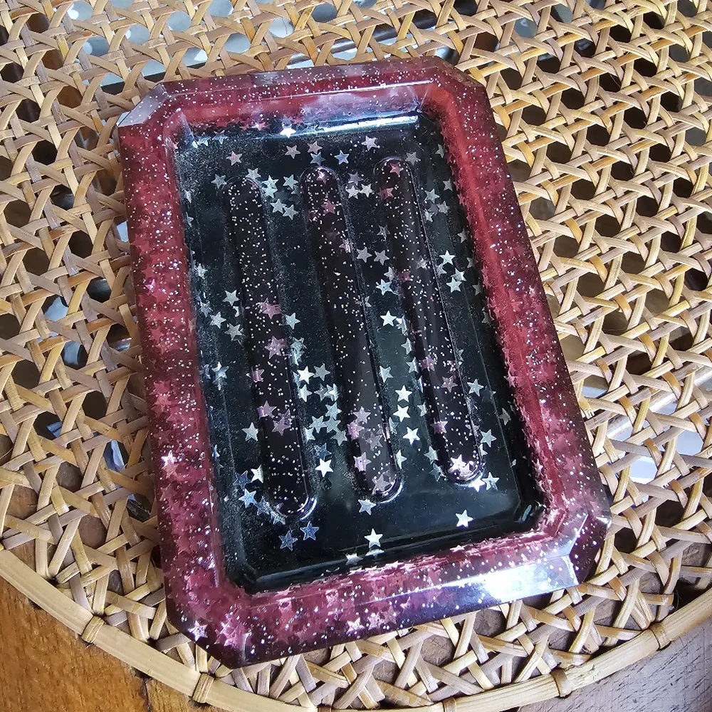 Handmade Black and Red Silver Star Galaxy Beautiful Beacons Resin Soap Dish